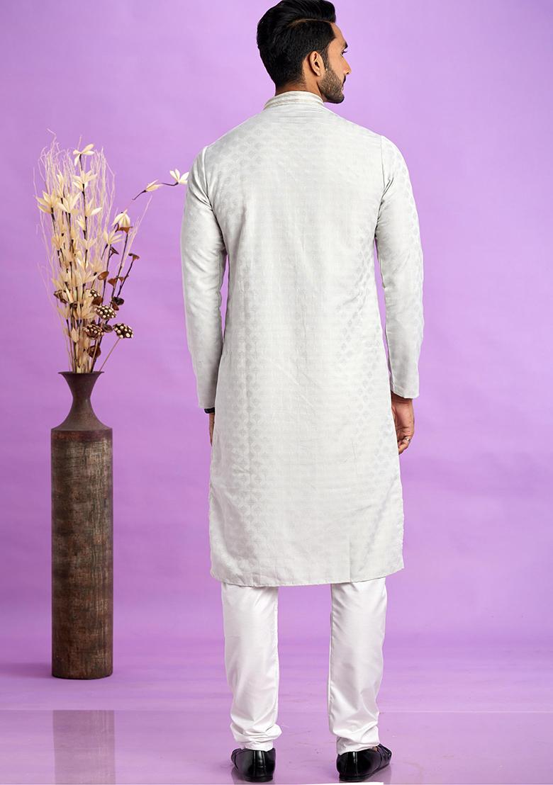 Light Grey Self Design Silk Kurta Set For Men