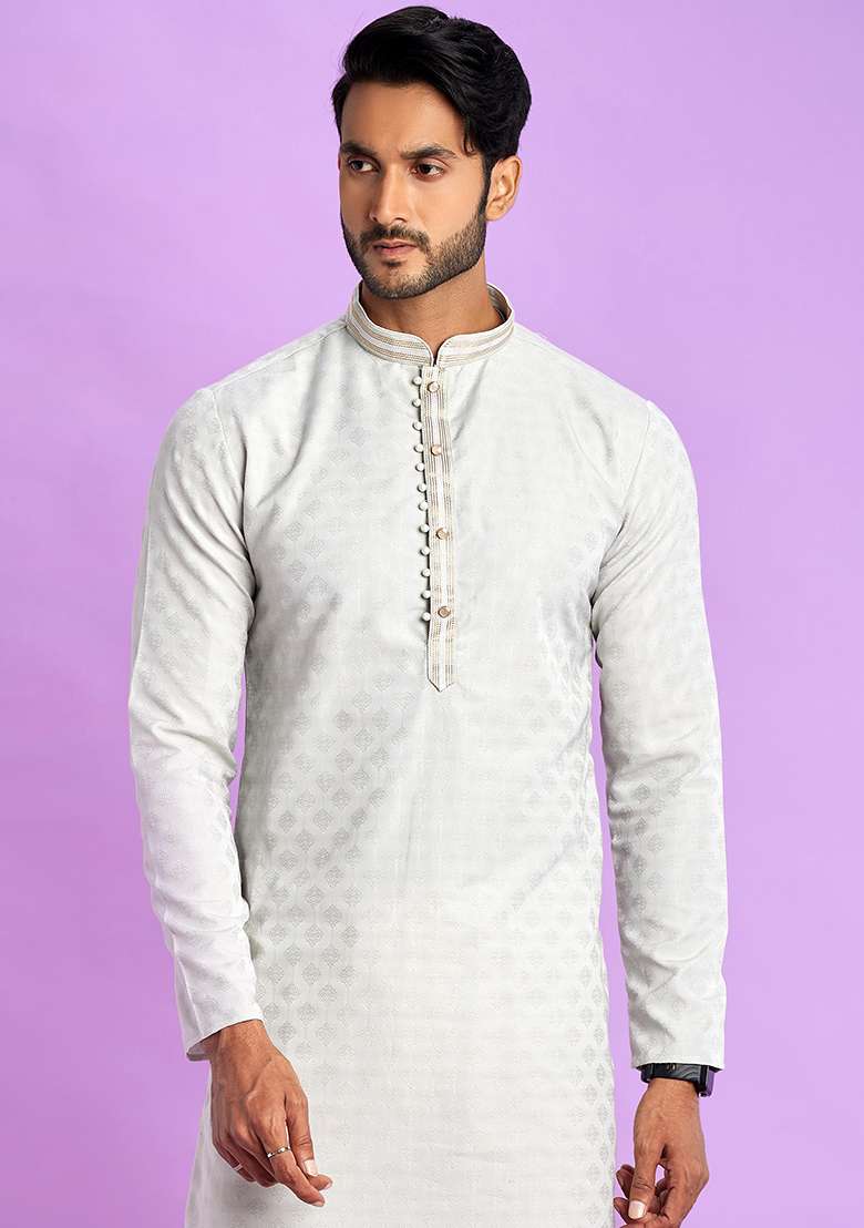 Light Grey Self Design Silk Kurta Set For Men - Indya