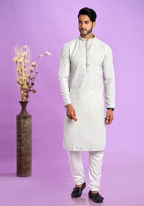 Light Grey Self Design Silk Kurta Set For Men — view on Indya