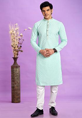 Light Teal Green Self Design Silk Kurta Set For Men
