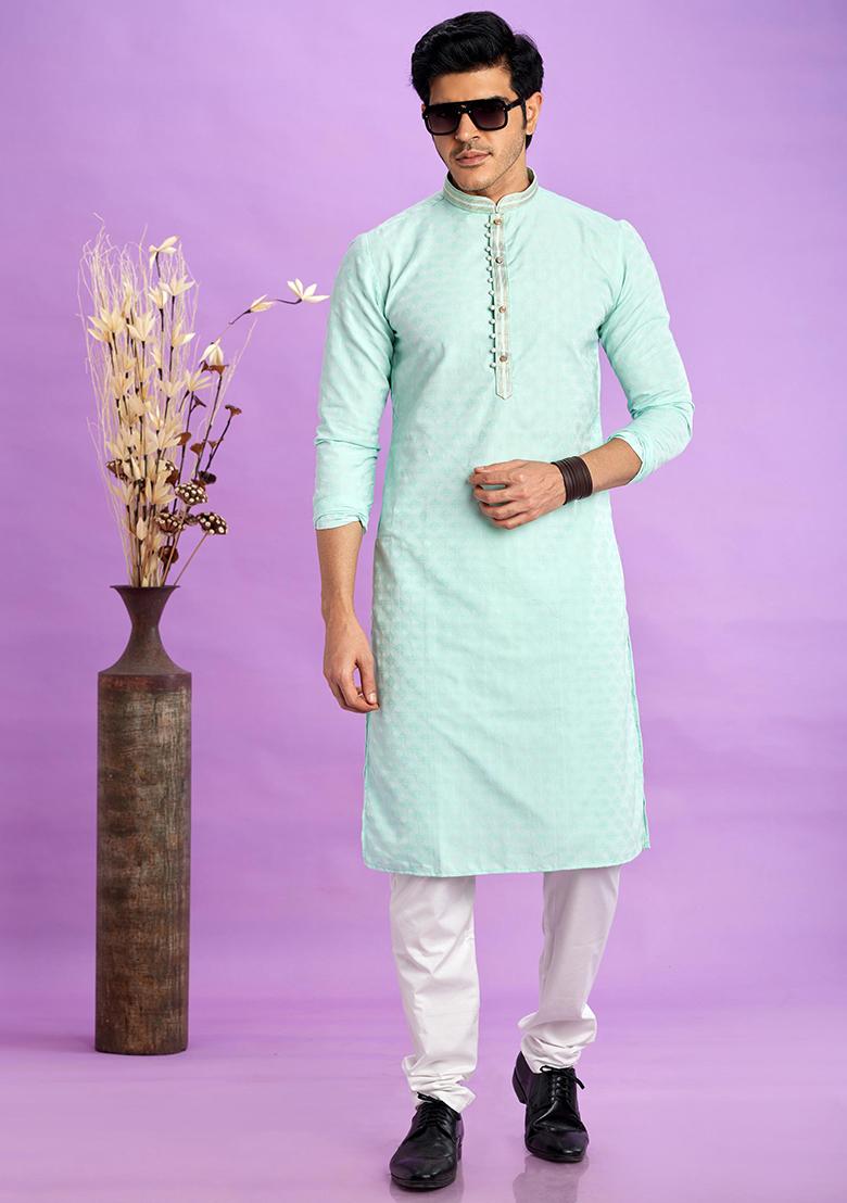 Light Teal Green Self Design Silk Kurta Set For Men