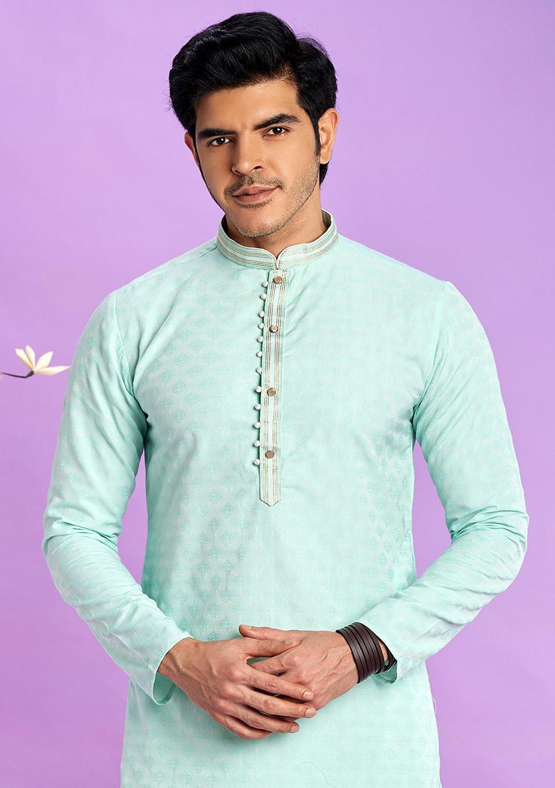 Light Teal Green Self Design Silk Kurta Set For Men