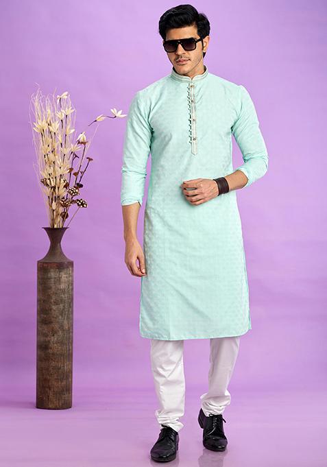 Light Teal Green Self Design Silk Kurta Set For Men