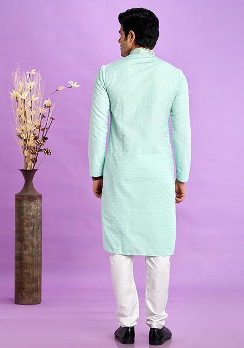 Light Teal Green Self Design Silk Kurta Set For Men