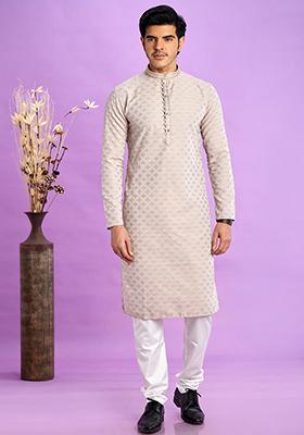 Light Greyish Red Self Design Silk Kurta Set For Men