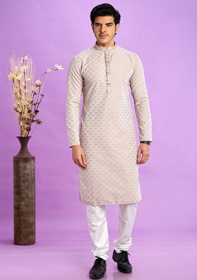 Light Greyish Red Self Design Silk Kurta Set For Men - Indya