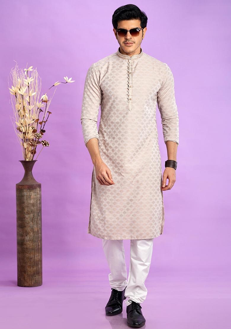 Light Greyish Red Self Design Silk Kurta Set For Men