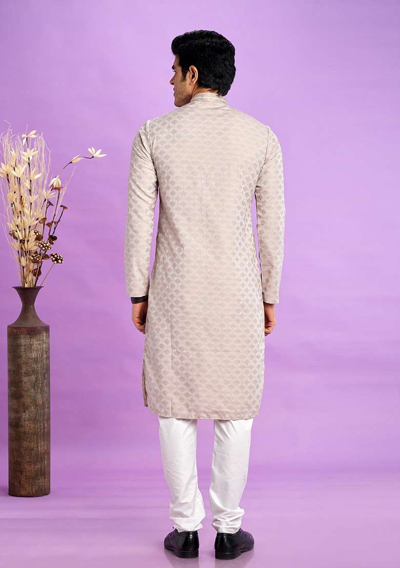 Light Greyish Red Self Design Silk Kurta Set For Men - Indya