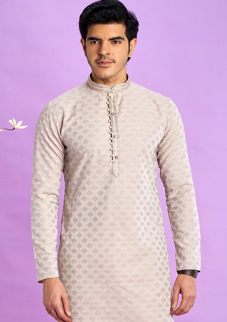 Light Greyish Red Self Design Silk Kurta Set For Men