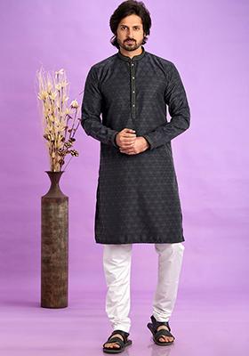 Grey Black Self Design Silk Kurta Set For Men