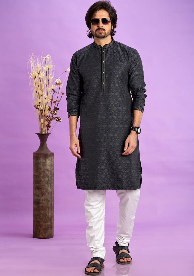 Grey Black Self Design Silk Kurta Set For Men