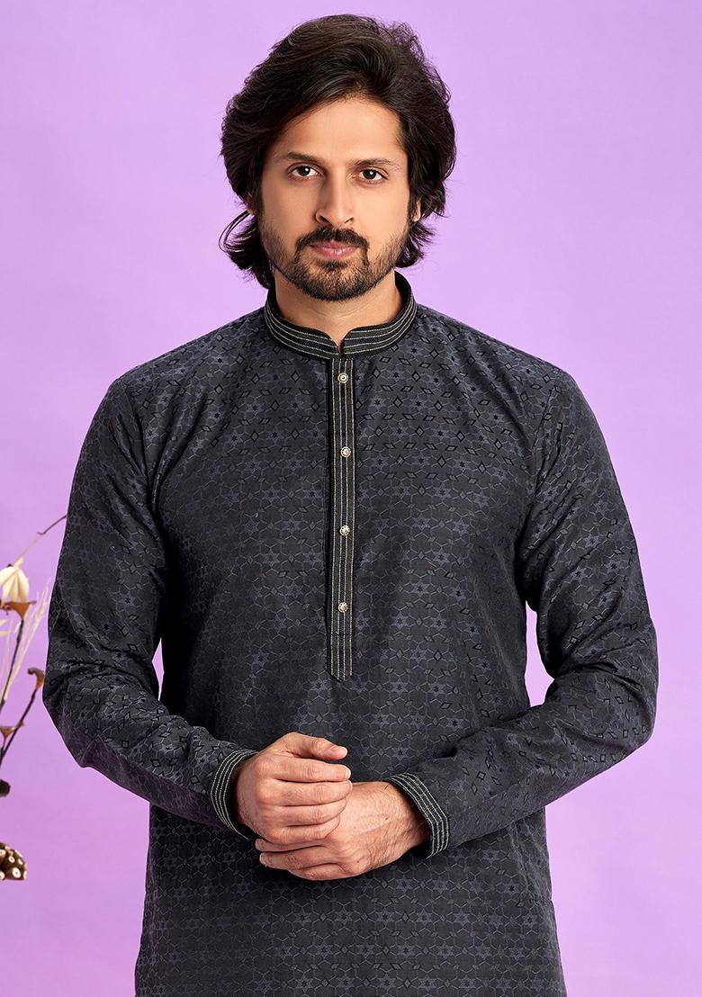 Grey Black Self Design Silk Kurta Set For Men