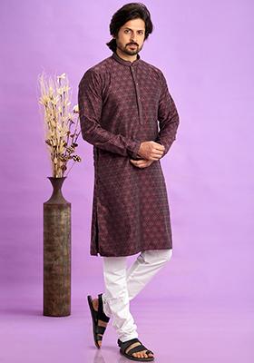 Maroon Self Design Silk Kurta Set For Men