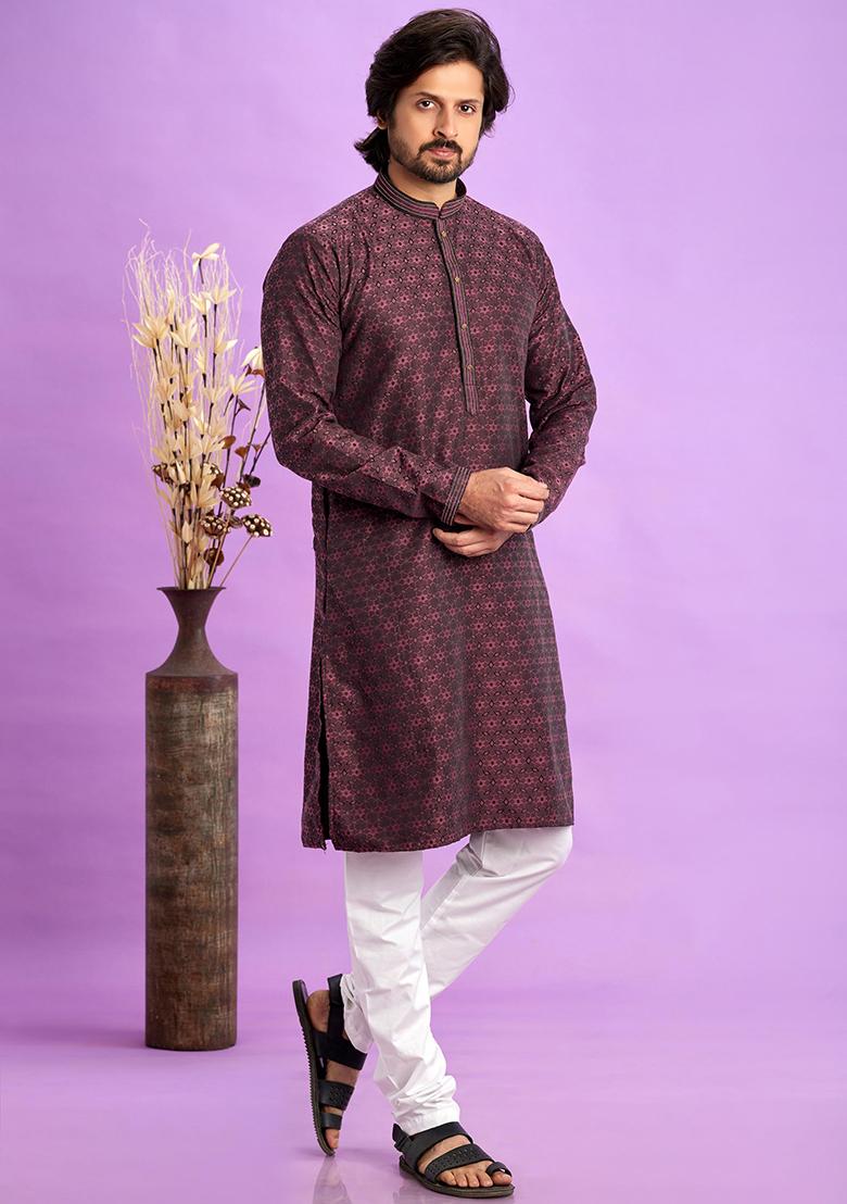 Maroon Self Design Silk Kurta Set For Men