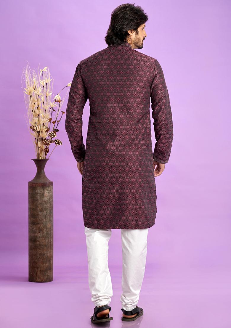 Maroon Self Design Silk Kurta Set For Men