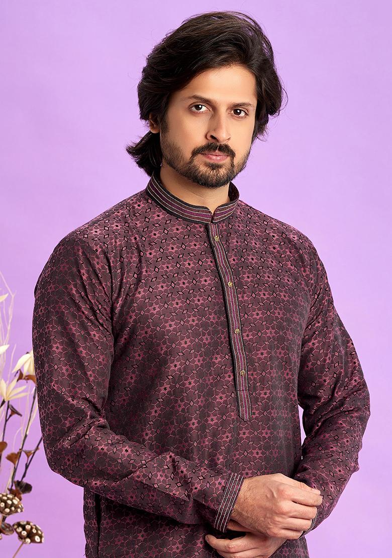 Maroon Self Design Silk Kurta Set For Men