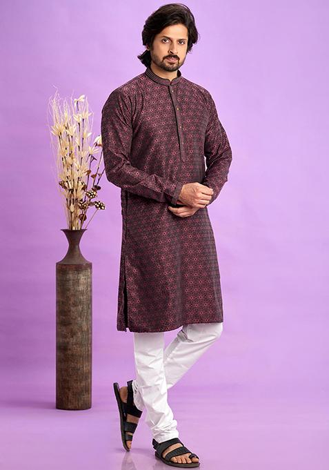 Maroon Self Design Silk Kurta Set For Men