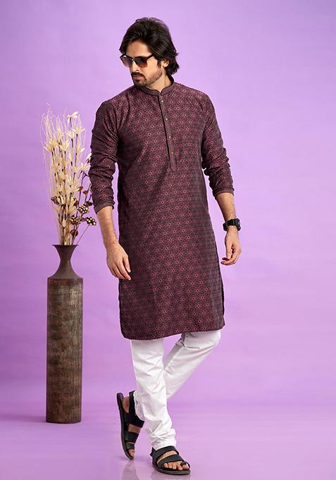 Maroon Self Design Silk Kurta Set For Men