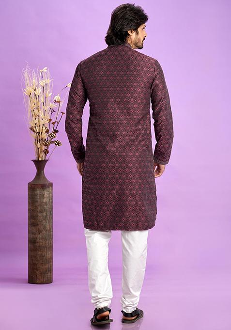 Maroon Self Design Silk Kurta Set For Men