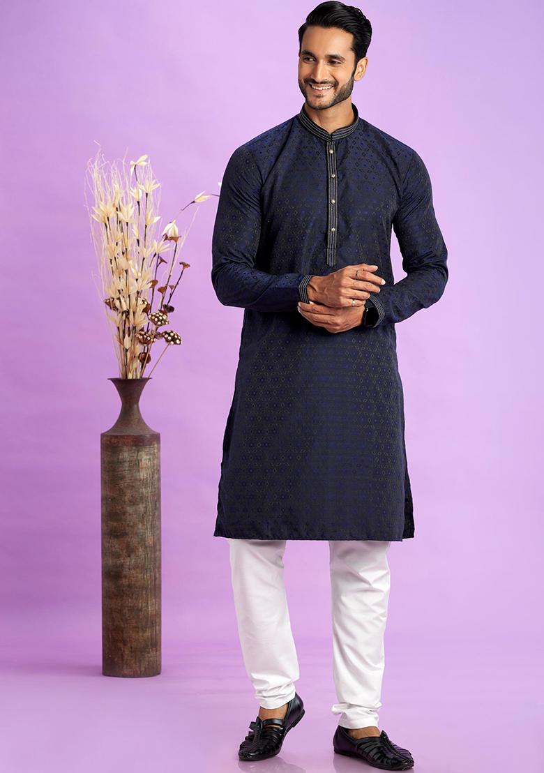 Blue Self Design Silk Kurta Set For Men