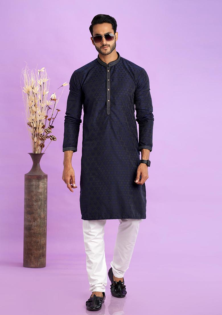 Blue Self Design Silk Kurta Set For Men