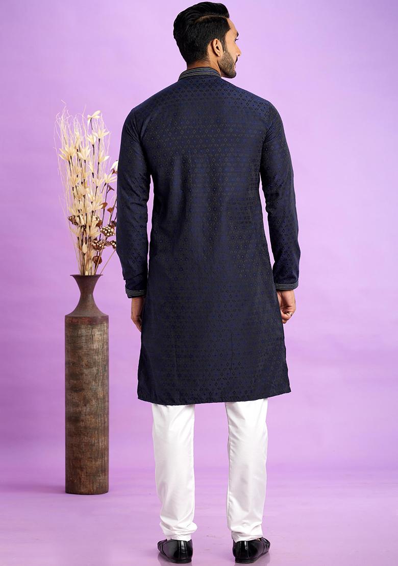 Blue Self Design Silk Kurta Set For Men