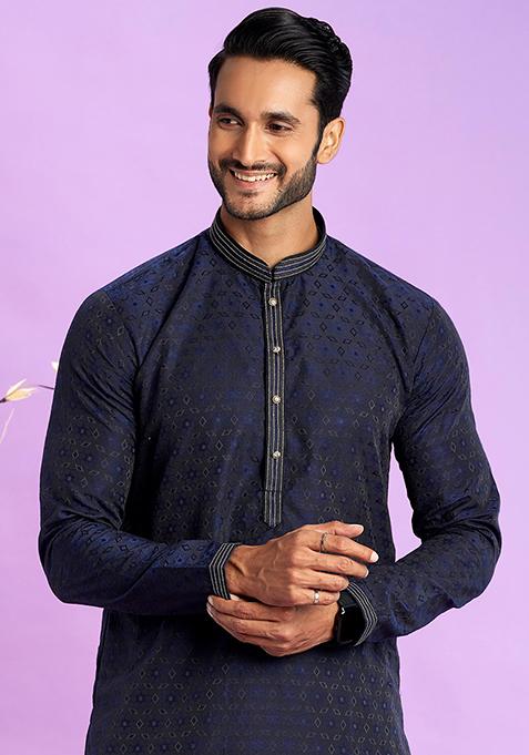 Blue Self Design Silk Kurta Set For Men