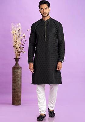 Black Self Design Silk Kurta Set For Men