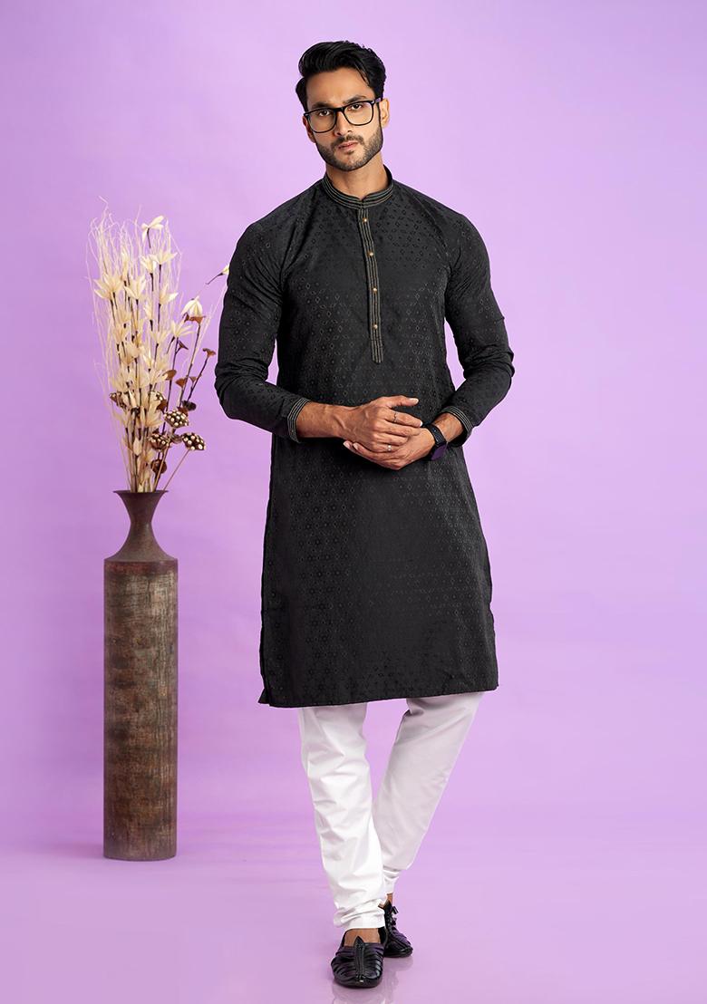 Black Self Design Silk Kurta Set For Men