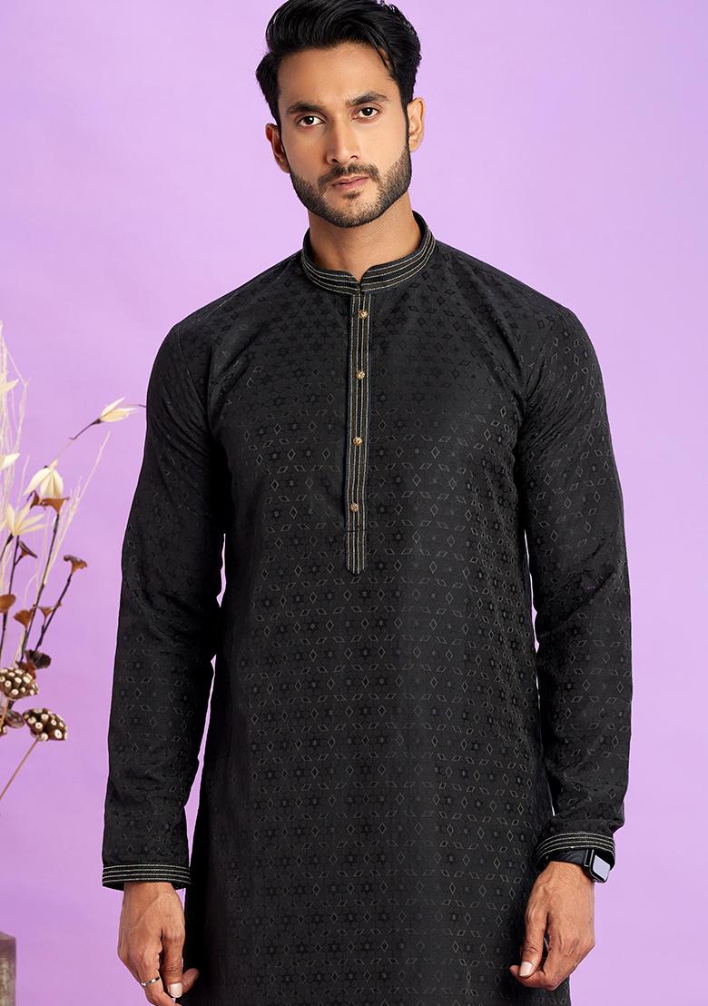 Black Self Design Silk Kurta Set For Men
