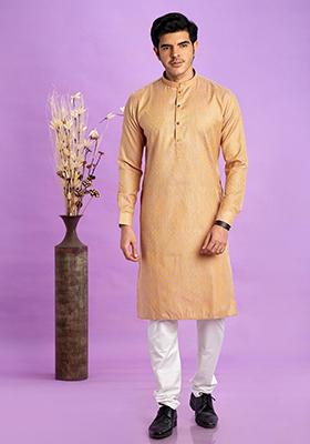 Brown Self Design Silk Kurta Set For Men