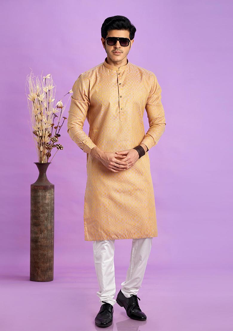 Brown Self Design Silk Kurta Set For Men
