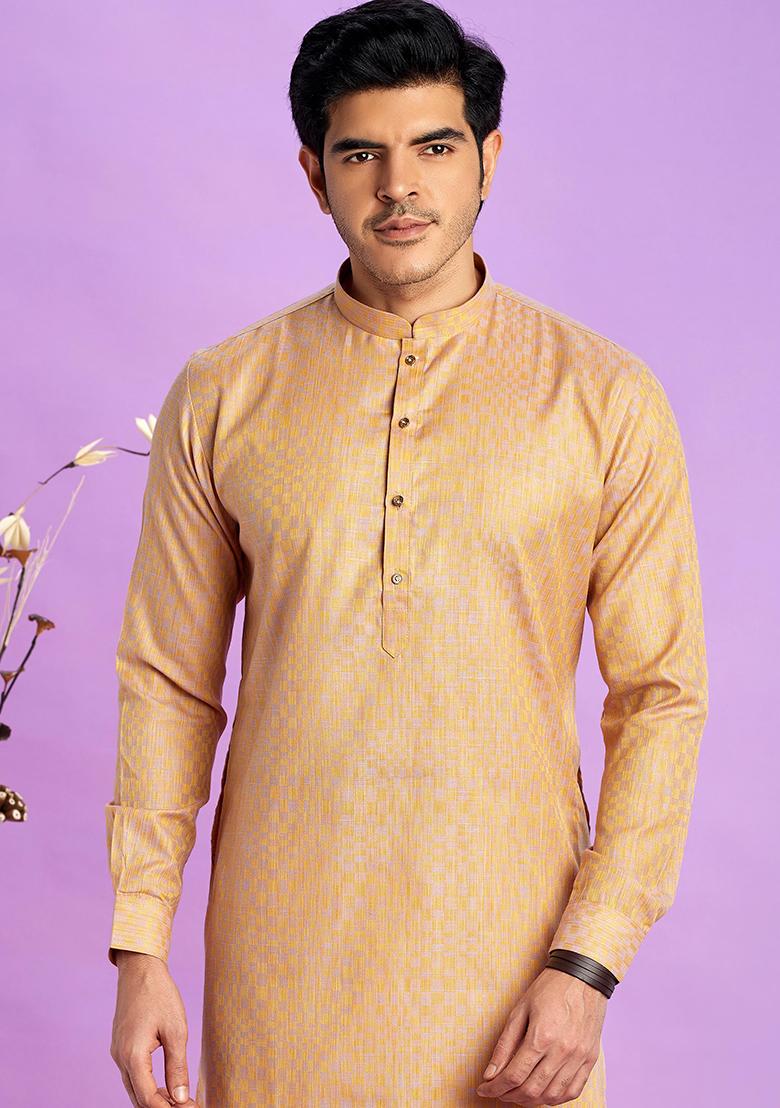 Brown Self Design Silk Kurta Set For Men