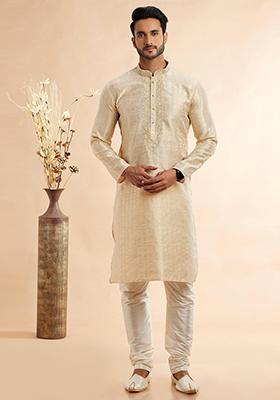 Beige Embroidered Silk Kurta Set For Men