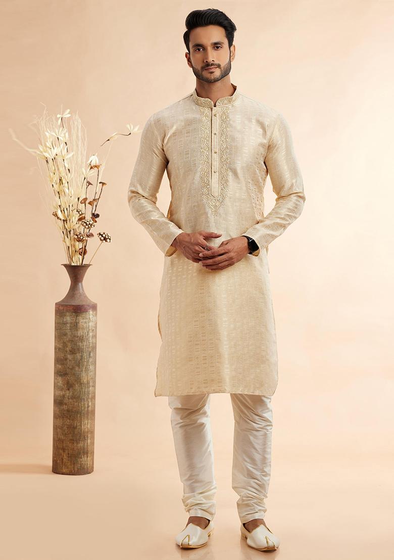 Beige Embroidered Silk Kurta Set For Men
