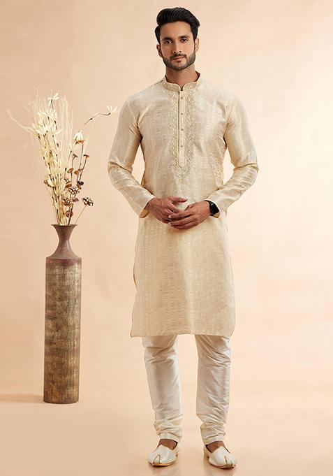 Beige Embroidered Silk Kurta Set For Men