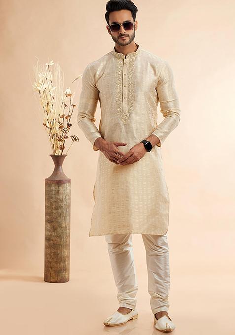 Beige Embroidered Silk Kurta Set For Men