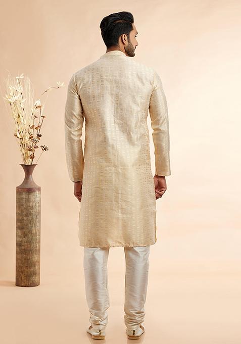 Beige Embroidered Silk Kurta Set For Men