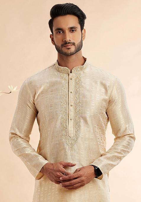 Beige Embroidered Silk Kurta Set For Men