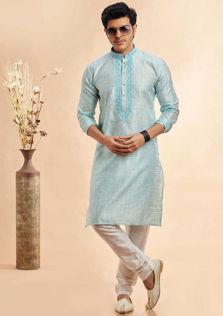 Sky Blue Embroidered Silk Kurta Set For Men