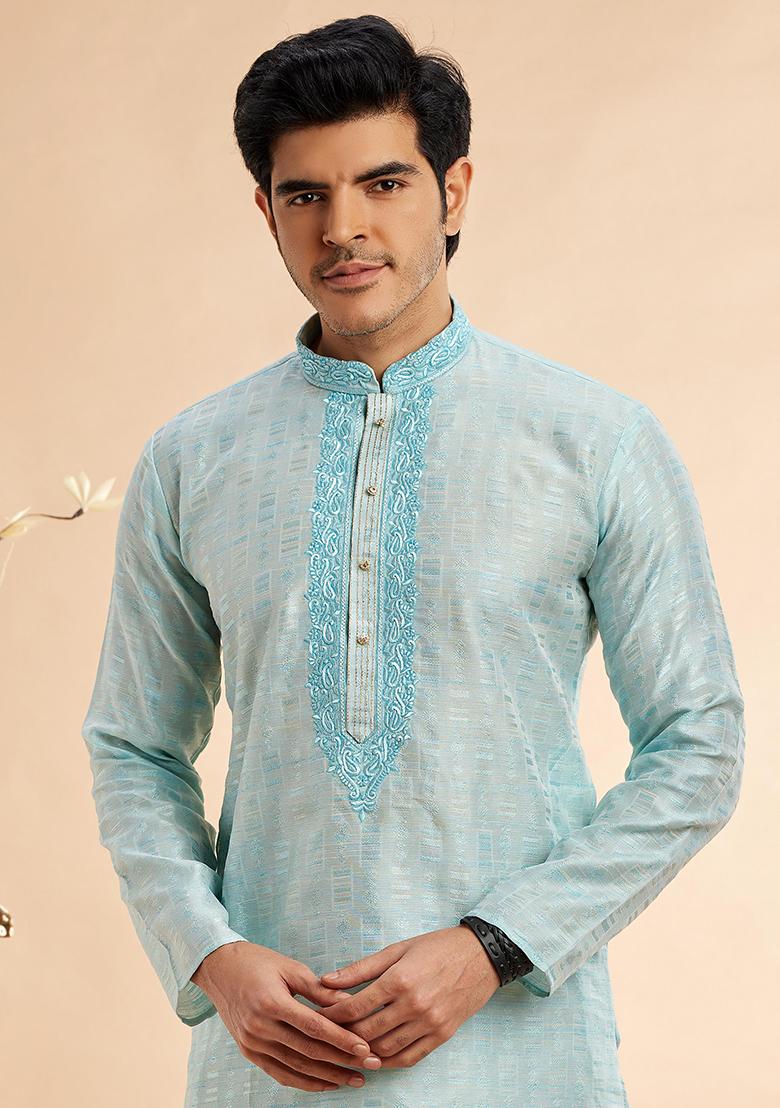 Sky Blue Embroidered Silk Kurta Set For Men