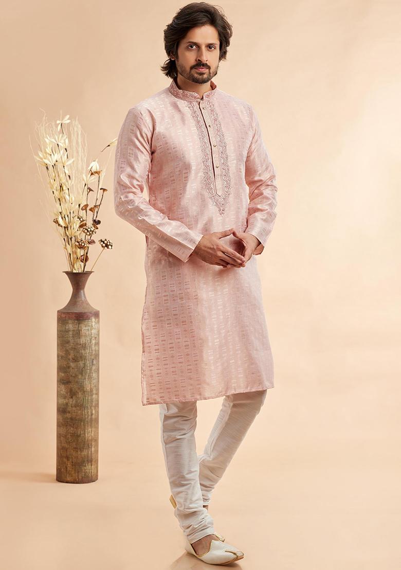 Peach Embroidered Silk Kurta Set For Men
