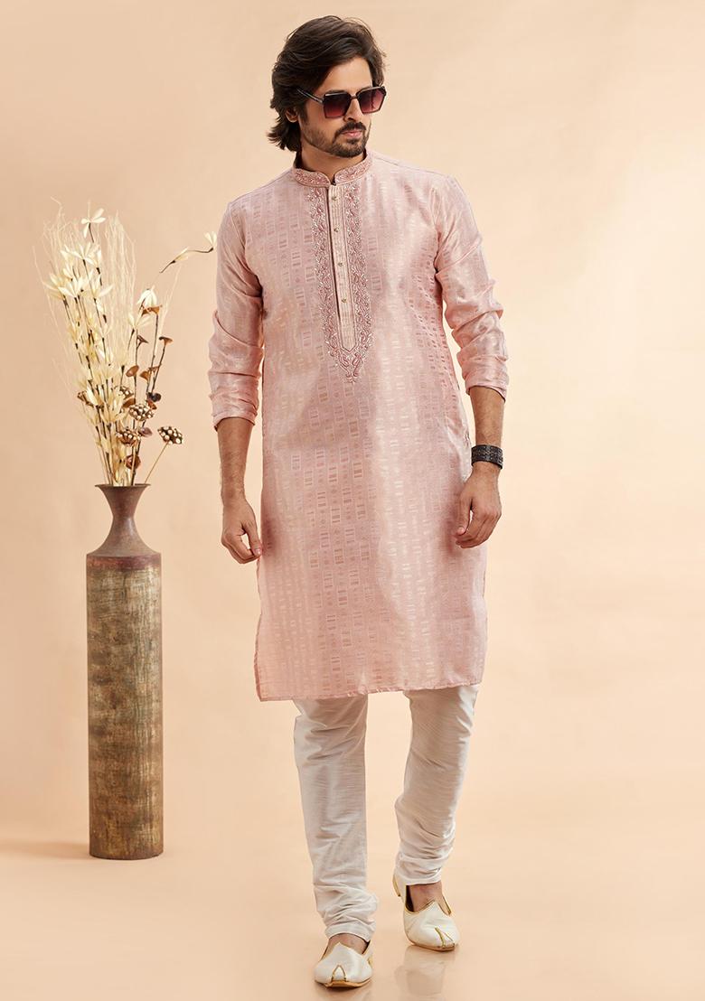 Peach Embroidered Silk Kurta Set For Men