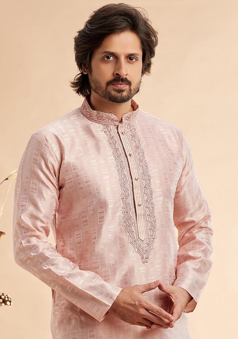 Peach Embroidered Silk Kurta Set For Men