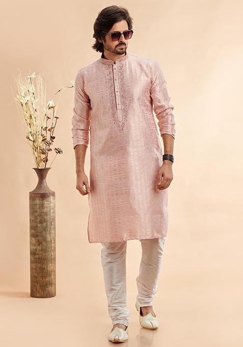 Peach Embroidered Silk Kurta Set For Men