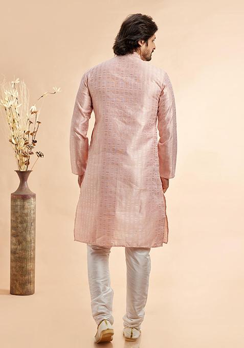 Peach Embroidered Silk Kurta Set For Men
