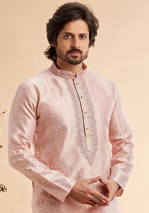 Peach Embroidered Silk Kurta Set For Men