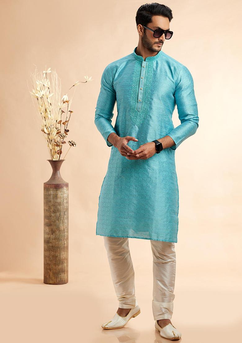 Blue Embroidered Silk Kurta Set For Men