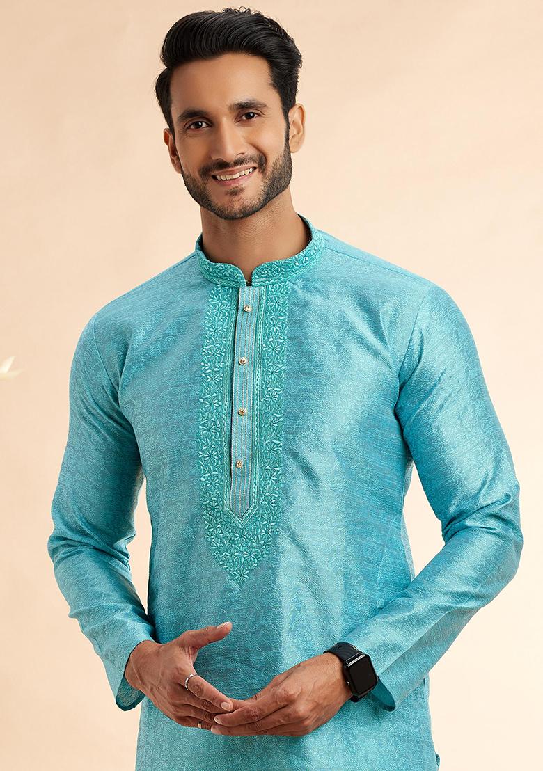 Blue Embroidered Silk Kurta Set For Men