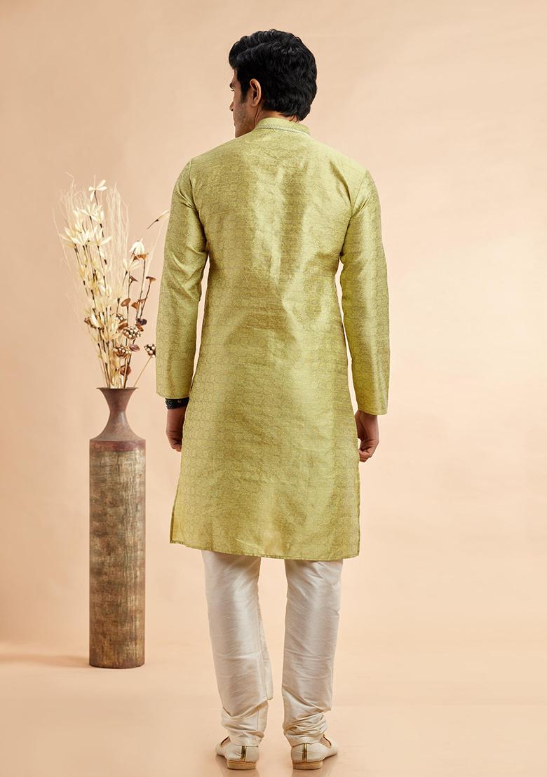 Pista Green Embroidered Silk Kurta Set For Men